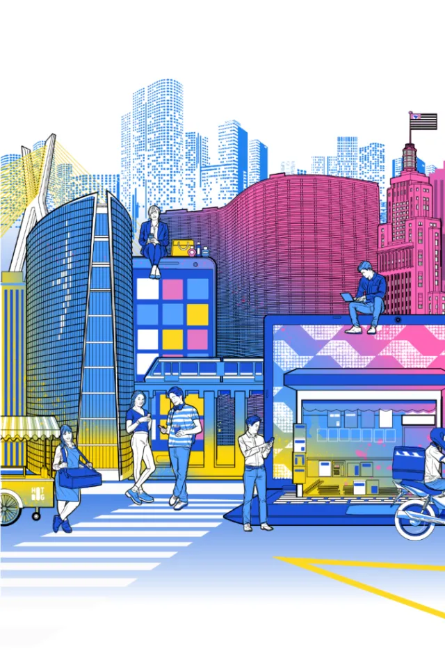 Urban cityscape with skyscrapers and people, digital illustration by Davi Augusto