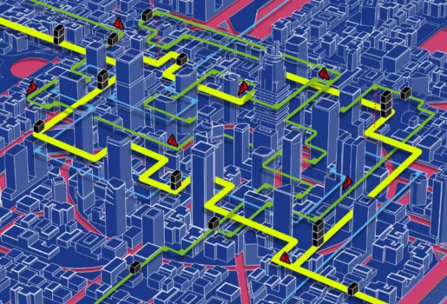 3D cityscape with blue buildings and yellow elevated pathways by Davi Augusto