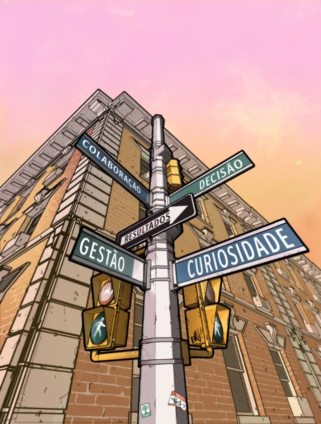 Street signpost with business terms in front of a brick building by Davi Augusto