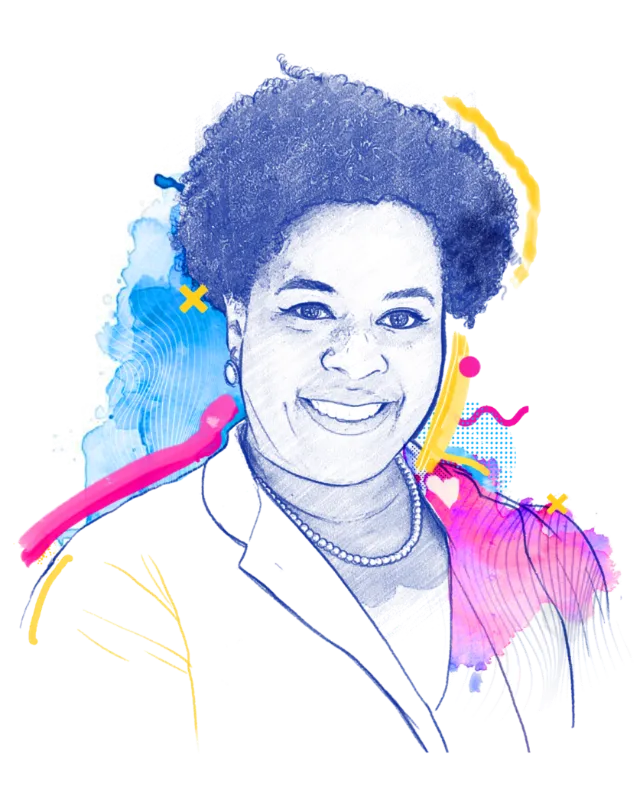 Colorful mixed media portrait of a smiling woman by Davi Augusto
