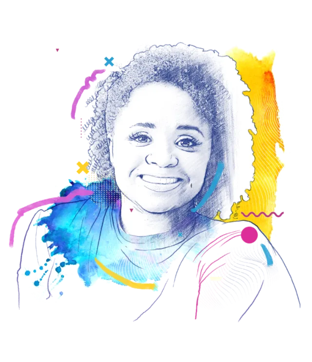 Portrait of a smiling woman with curly hair by artist Davi Augusto
