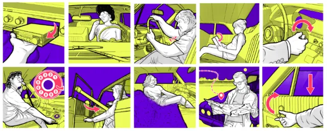 Illustration of man using rotary phone and typewriter by Davi Augusto