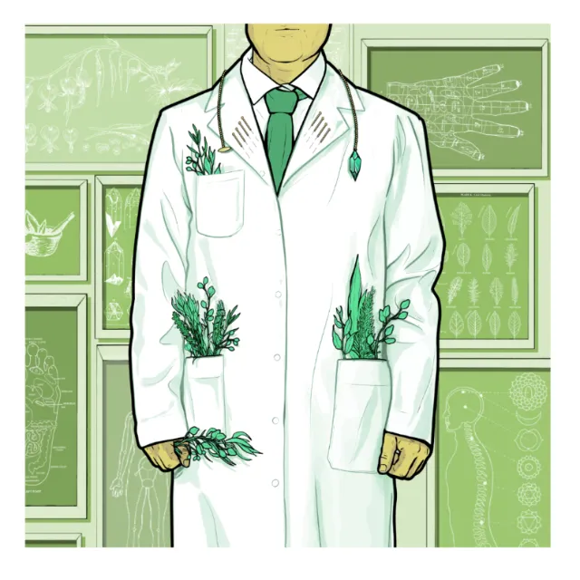 Scientist in lab coat with plants growing from pockets and sleeves by Davi Augusto