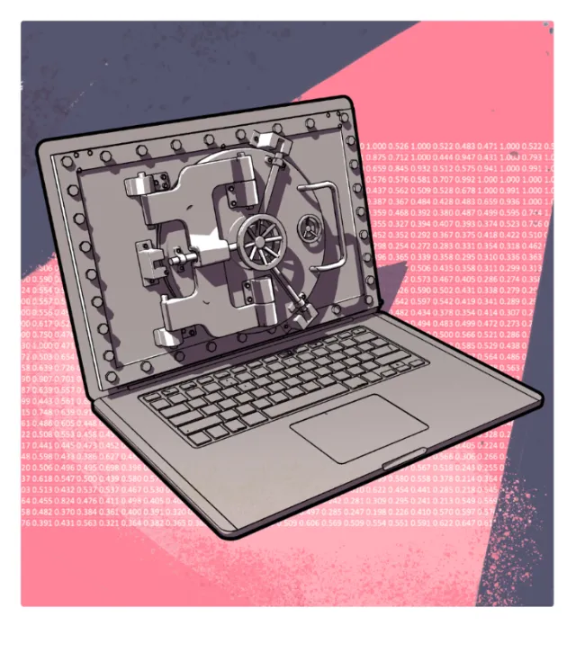Laptop screen showing a safe vault door representing cybersecurity by Davi Augusto