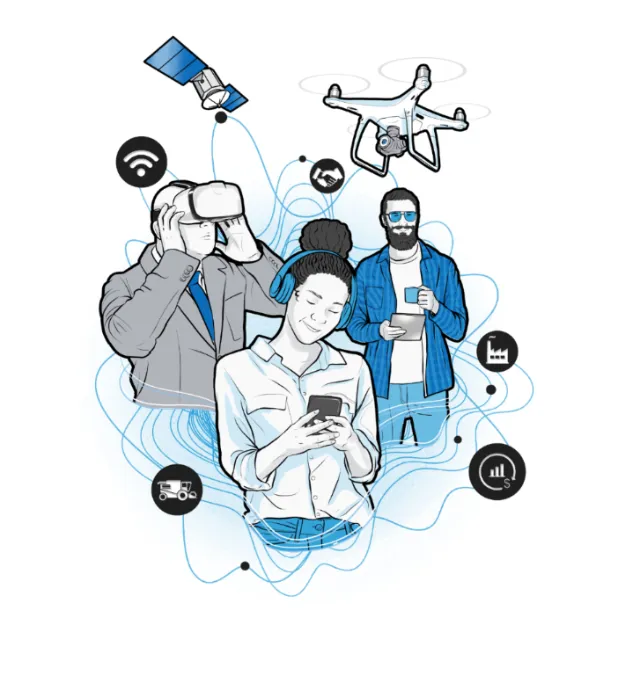 People using virtual reality headset, drone, and smartphone by Davi Augusto