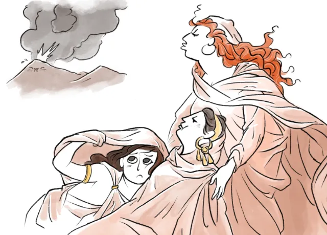 Three women in classical clothing watching a volcano erupt with smoke - by Rino Pelli