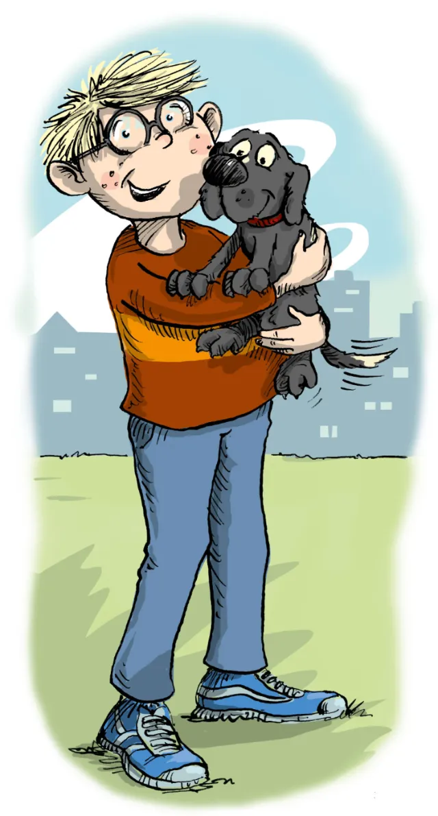 Happy boy holding a black puppy by Sholto Walker