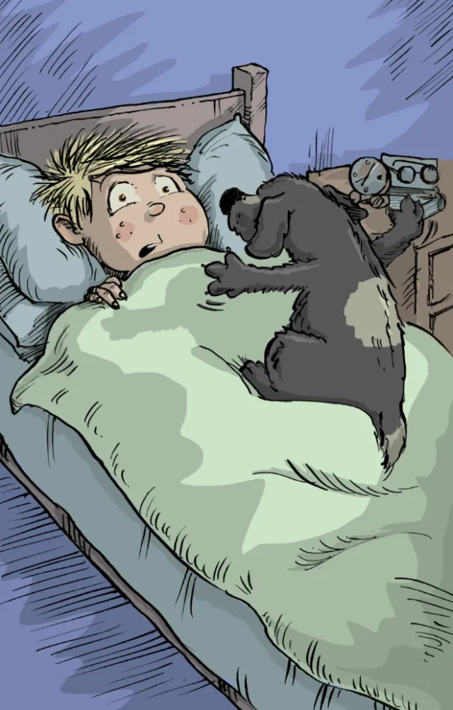 Illustration of a boy surprised by a dog sitting on his bed by Sholto Walker