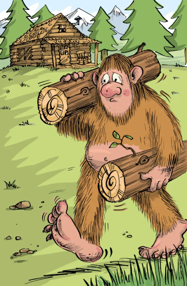 Sad Bigfoot carrying logs in forest near cabin, illustration by Sholto Walker