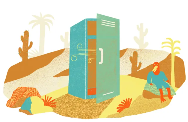 Open book with figures resting in a desert, illustration by Gina Rosas Moncada