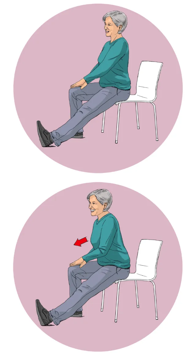 Elderly woman doing seated leg stretches on a chair by Andreas Schickert