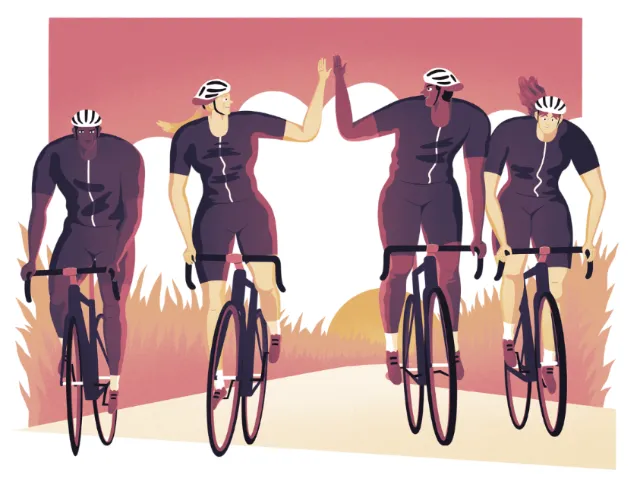 Four cyclists riding together on a road at sunset by Jacob Stead