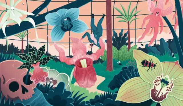 Vibrant botanical illustration with exotic flowers and skulls by Jacob Stead