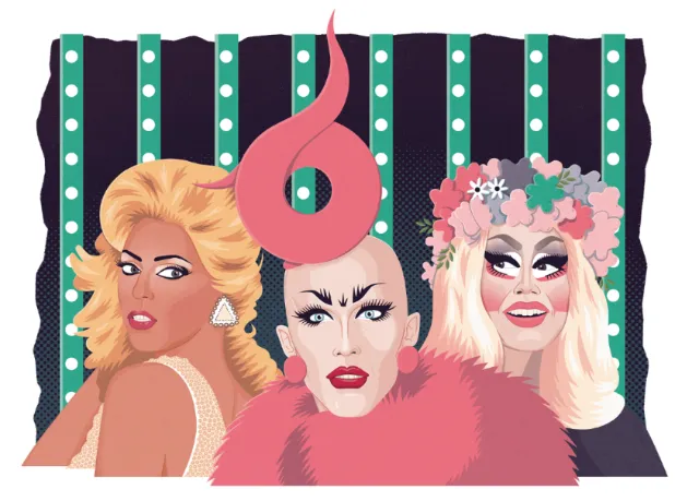 Digital illustration of three drag queens with bold makeup by Jacob Stead
