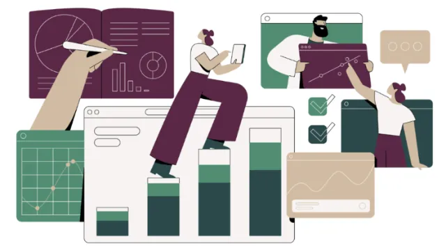 People collaborating on data visualizations and charts illustration by Joseph Carrington