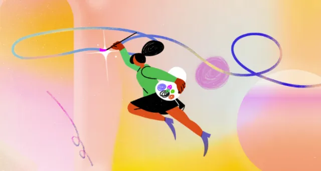 Abstract painting of figure with colorful swirling lines by Decue Wu
