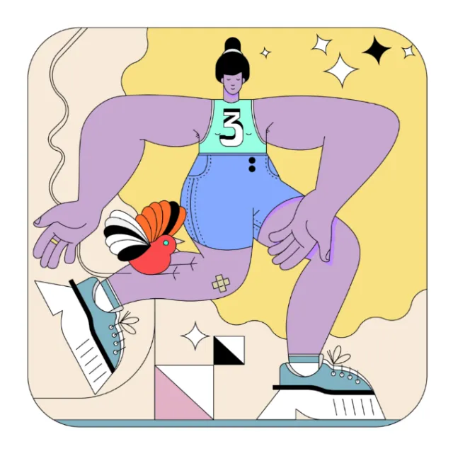 Stylized running woman with bird by Tobias Wandres