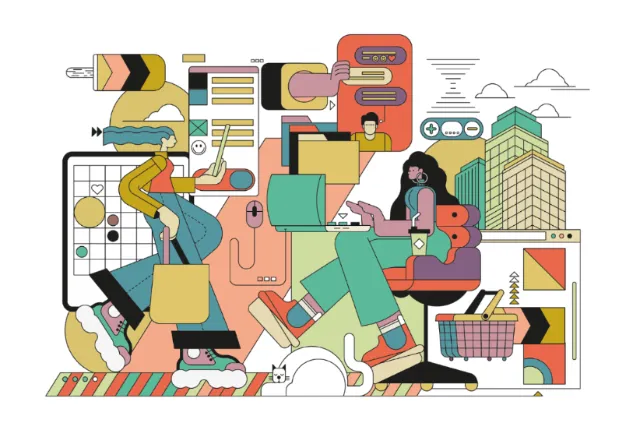 Digital artwork of two people working with creative tools by Tobias Wandres
