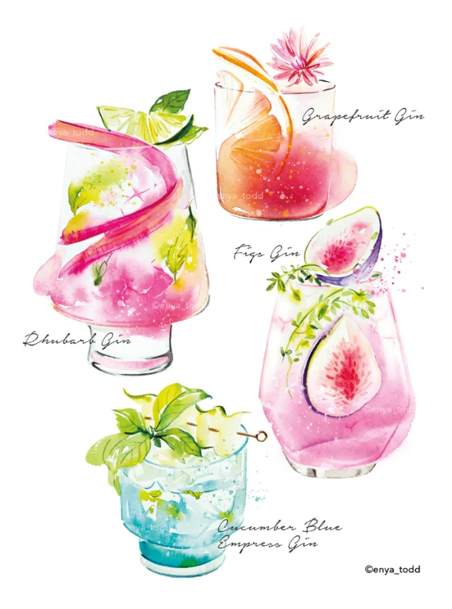 Watercolor depiction of a variety of gin