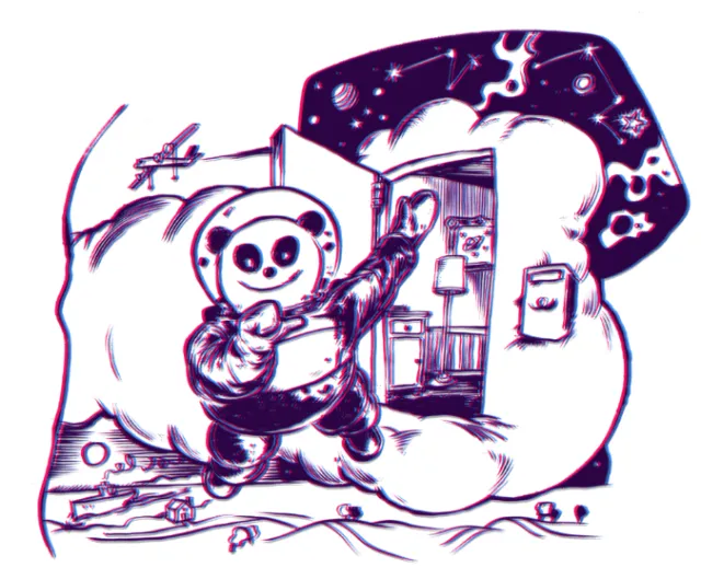Space bear in suit inside spaceship with starry sky outside, illustration by Thilo Rothacker
