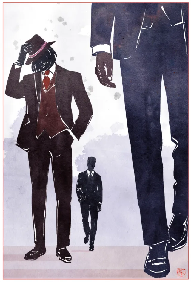 Three men in suits and hats walking, artwork by Silke Bachmann