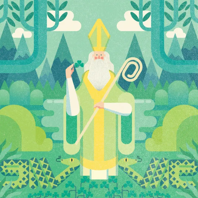 Colorful illustration of saint holding crozier in forest by Donough O'Malley