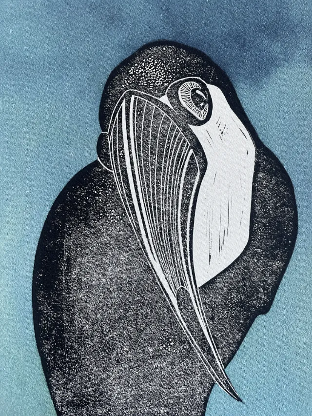 Abstract bird drawing in black and white on blue background by Martha von Maydell