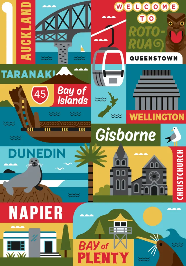 New Zealand travel poster featuring Auckland, Wellington, Dunedin, and other cities by Greg Straight