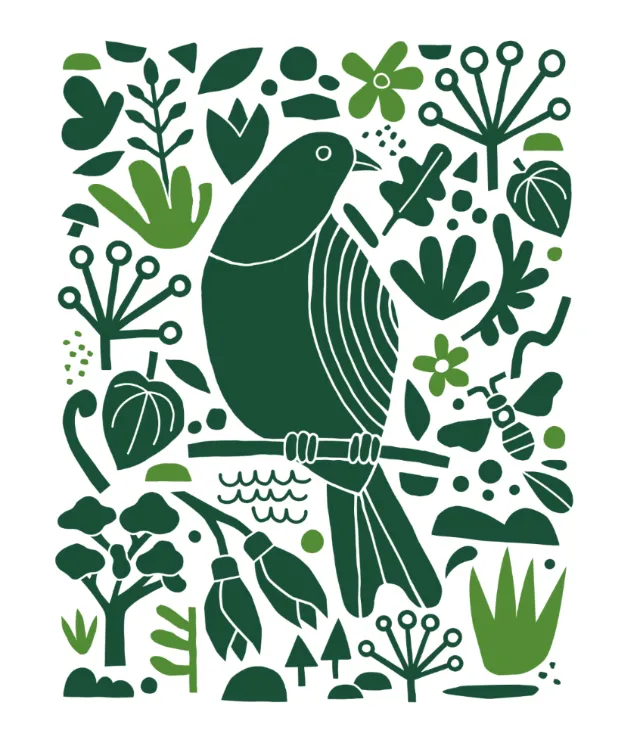 Green stylized bird with leaves and floral patterns by Greg Straight