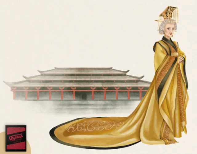Regal woman wearing golden traditional robe and ornate headdress by Debora Islas