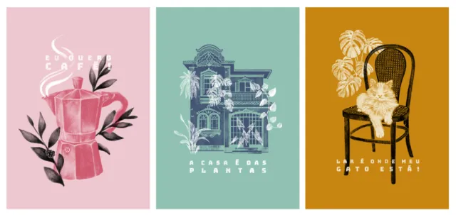 Three artistic panels showing coffee maker steam, house with plants, and chair with flowers by Debor