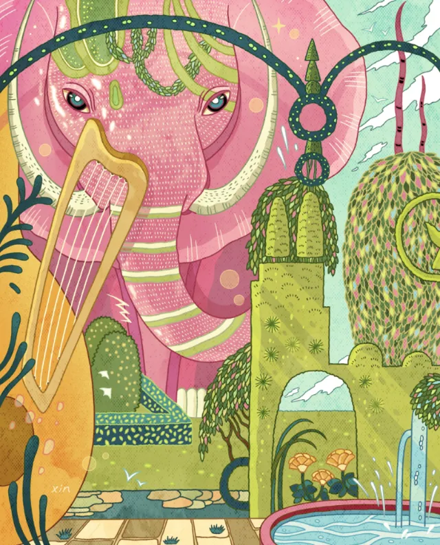 Surreal pink elephant with harp in a fantasy garden by Yixin Zeng