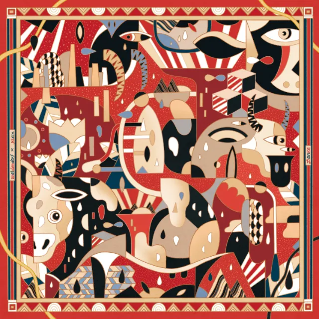 Abstract geometric animal shapes in red, beige, and black by Yixin Zeng