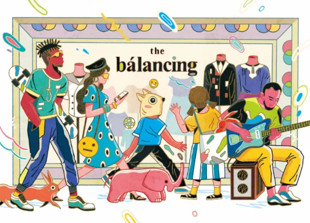 Colorful artwork showing people and animals balancing objects, by Yixin Zeng