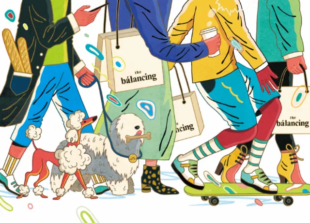 People walking dogs and carrying tote bags, one on skateboard, artwork by Yixin Zeng