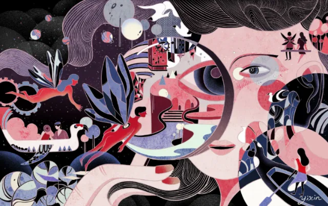 Surreal cosmic woman with abstract shapes by Yixin Zeng