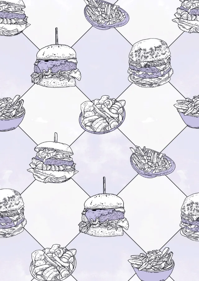 Natural pattern drawing with burgers and french fries