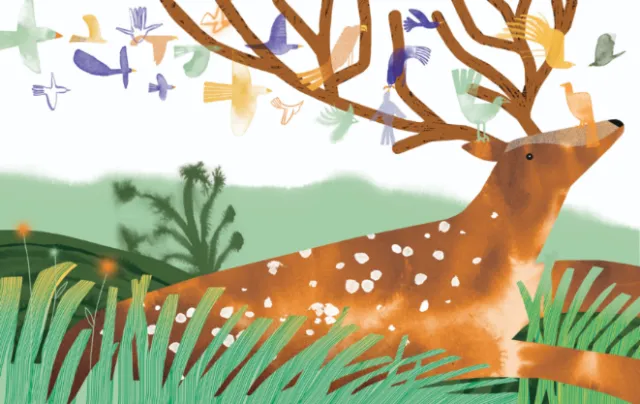 Illustration of a deer with large antlers surrounded by colorful birds and green plants by Gina Rosa