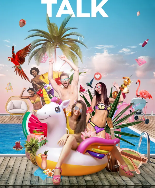 People enjoying a sunny pool party with a large unicorn float and tropical decorations by Patrick Bo
