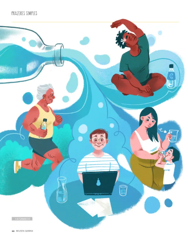 Illustration of diverse people hydrating and doing activities by Manu Cunhas