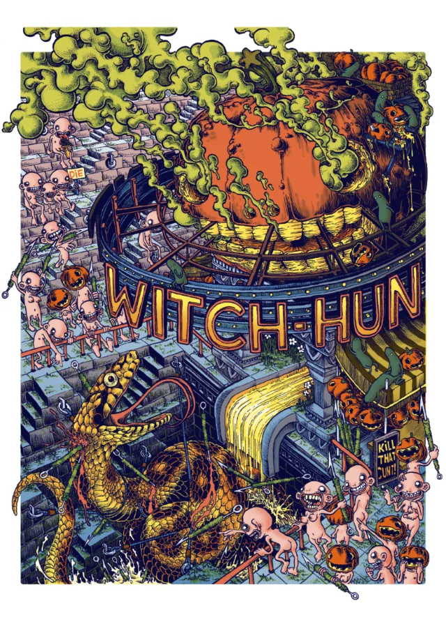 Surreal witch hunt scene with vivid characters and chaotic elements by Carles Garcia O'Dowd