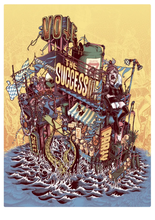 Surreal machine with 'The Success' and 'Work' signs in turbulent sea by Carles Garcia O'Dowd