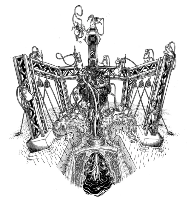 Intricate mechanical structure drawing with gears and pipes by Carles Garcia O'Dowd