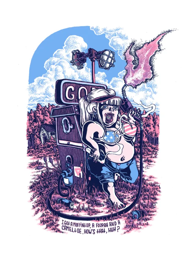 Illustration of a character with speakers and flag by Carles Garcia O'Dowd