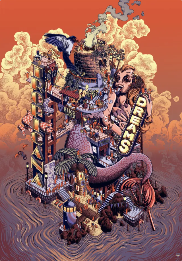 Surreal floating structure with a neon 'Dreams' sign by Carles Garcia O'Dowd