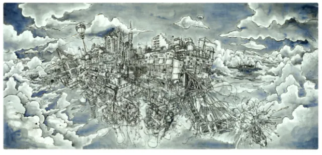 Intricate floating cityscape above clouds by Carles Garcia O'Dowd