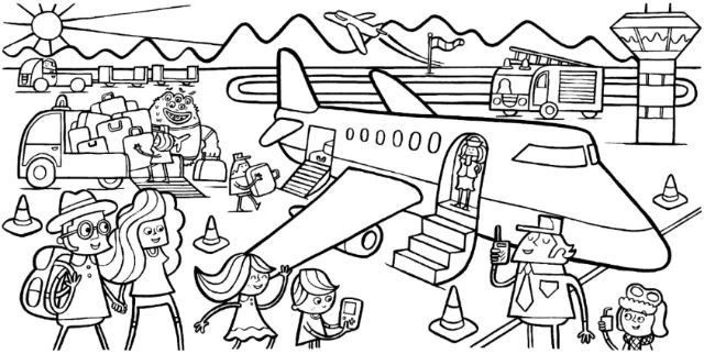 Airport scene with passengers boarding plane and ground vehicles by Tim Bradford