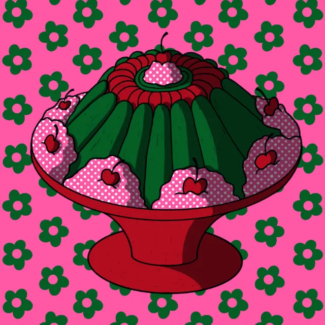 Illustration of a green jello mold with cherries by Rachel Winter