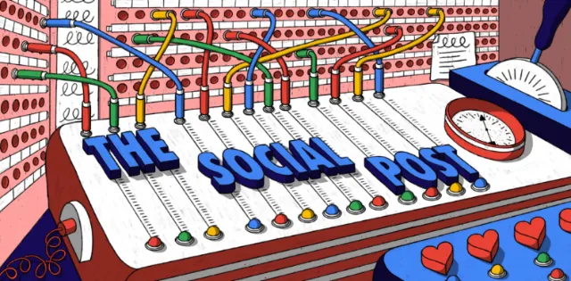 Colorful audio mixer with THE SOCIAL POST text and connected wires by Rachel Winter