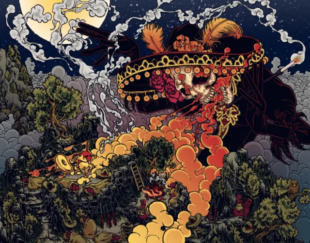 Skeleton mariachi playing guitar in mystical forest at night by Carles Garcia O'Dowd